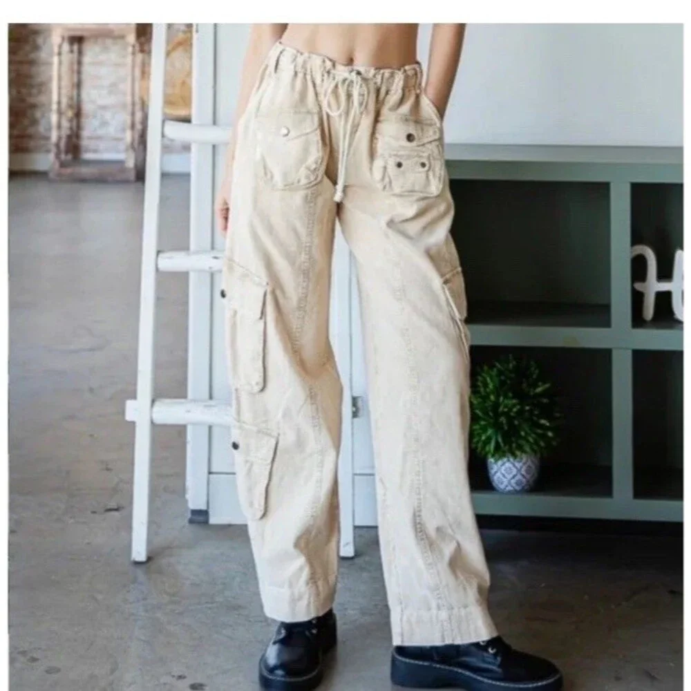 Oli & Hali Cream Streetwear Cargo Pants Drawstring Waist Utility JP0153 Large - Picture 1 of 13